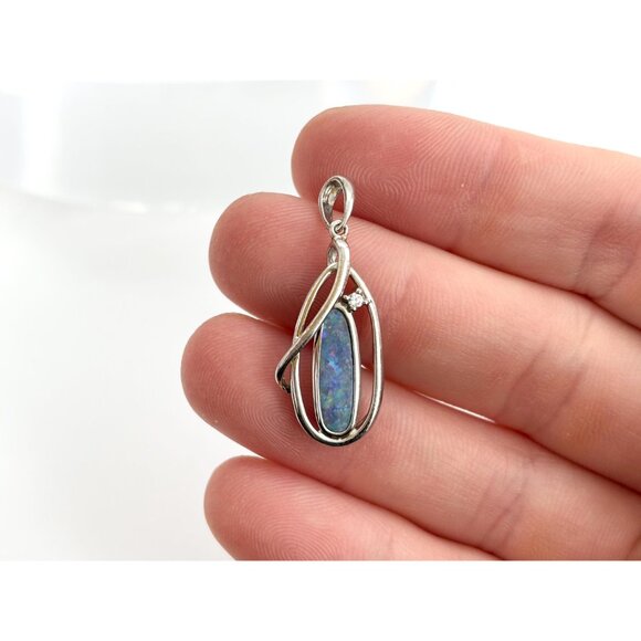 RARE Australian Opal Oval Crossover Swirly Sterling Silver 925 Vintage Pendant - Picture 5 of 9